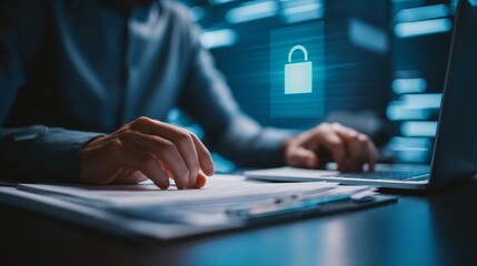 Person interacting with encrypted documents in secure digital environment symbolizing data privacy and cybersecurity in office workspace
