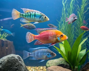 Fototapeta premium Vibrant freshwater aquarium fish swimming among lush green aquatic plants and rocks