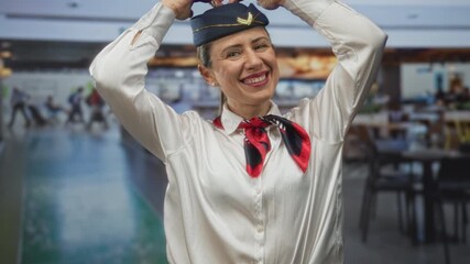 Blonde air hostess smiling makes heart shape with hands above head in crowded airport terminal; love.