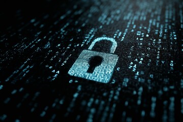 Digital padlock icon over encrypted binary data, representing cybersecurity and data protection in a secure digital environment