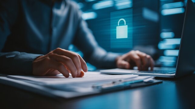 Person interacting with encrypted documents in secure digital environment symbolizing data privacy and cybersecurity in office workspace