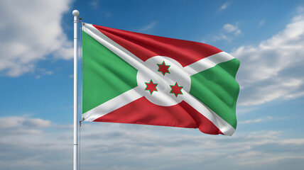 Burundi flag waving proudly against a beautiful blue sky with fluffy white clouds, national symbol