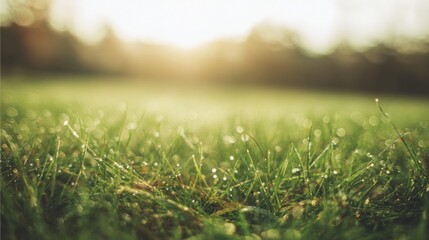 Naklejka premium A tranquil sunrise over a lush green field, dewdrops glistening like tiny jewels in the morning light.