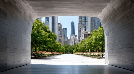Urban Pedestrian Tunnel with Cityscape View