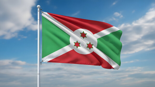 Burundi flag waving proudly against a beautiful blue sky with fluffy white clouds, national symbol