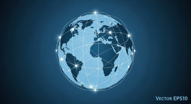 A stylized illustration of the globe with interconnected lines and glowing nodes, representing global communication.