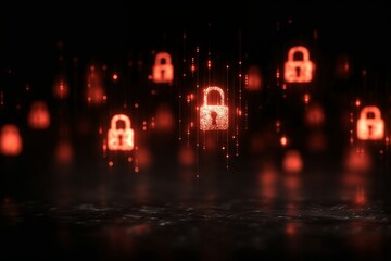 Glowing red padlocks floating in digital space symbolizing password strength, cyber security, data protection and encryption