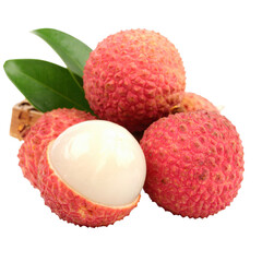 Fresh Red Lychees Exotic Tropical Fruit Whole and Halved Close up Studio Shot Isolated on white and transparent background.