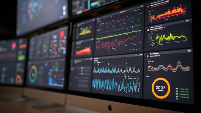 Multiple screens with colorful data visualizations symbolizing real-time network monitoring, cybersecurity analysis, and threat detection in a secure IT environment