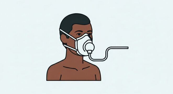 An illustration of a shirtless man wearing a white respiratory mask with an attached tube for testing. - Powered by Adobe