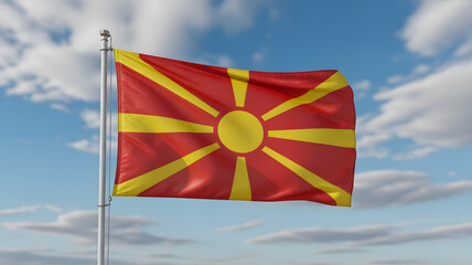 North Macedonia's national flag waving proudly against a bright blue sky with fluffy clouds, symbol of patriotism