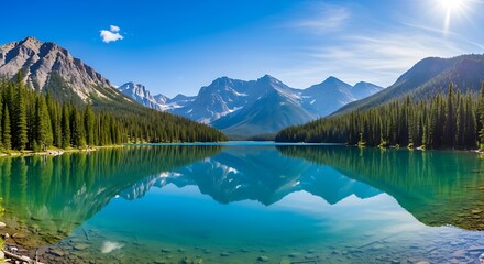 Fototapeta premium Serene Mountain Lake Reflection Surrounded by Lush Forest and Majestic Peaks for Travel, Tourism, and Nature Enthusiasts to Showcase Beautiful Landscapes