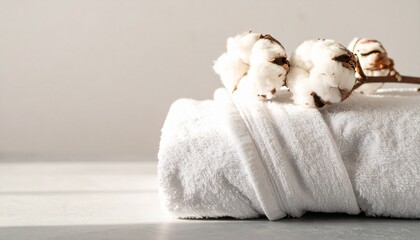 明るいグレーの上にきちんと畳まれたオーガニックコットンのローブ、朝の柔らかな光

