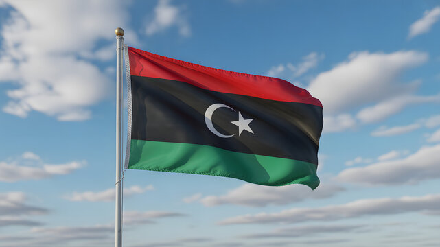 Libyan flag waving proudly against blue sky with soft clouds, symbol of national pride and freedom