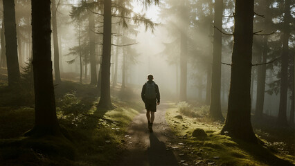 Man Walking on a Path in a Mystical Forest