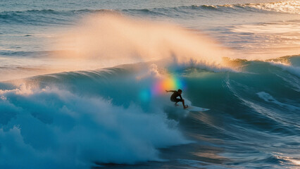 Surfer and a Rainbow on a Giant Wave