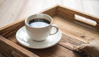 朝の光に包まれた蒸気の立つコーヒーカップと素朴な木製トレー