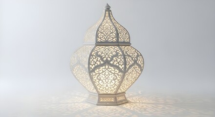 Elegant white ornate lantern casts intricate shadows on white background