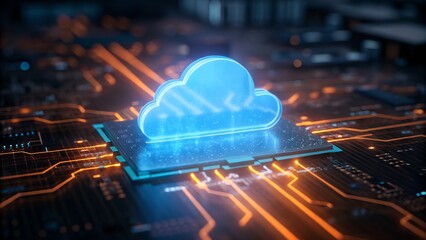Glowing blue cloud symbol rests on a futuristic circuit board