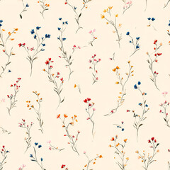 Floral pattern with colorful small blossoms on a cream background