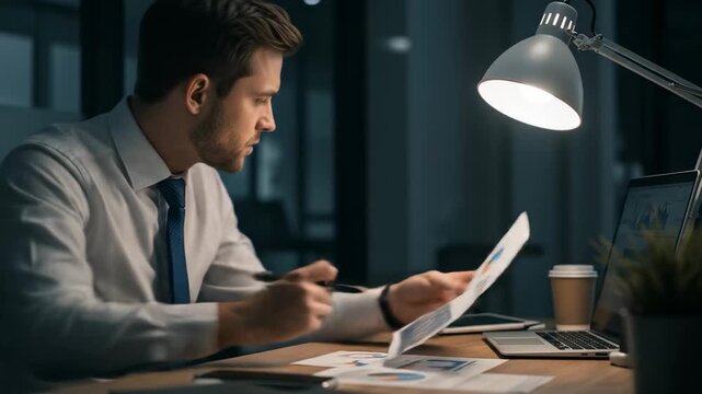 Businessman Analyzing Financial Data Late at Night