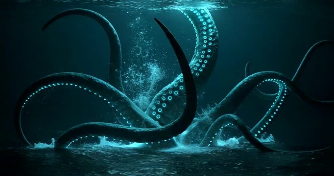 Giant octopus tentacles emerging from dark ocean depths