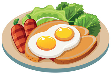 Breakfast plate with fried eggs, toast, salad, and carrots on a white plate