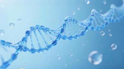 A 3D-rendered double helix DNA structure with an infinitely extending shape, presenting a blue, crystal-clear texture, like flowing liquid glass. Sur by scattered transparent water droplets.