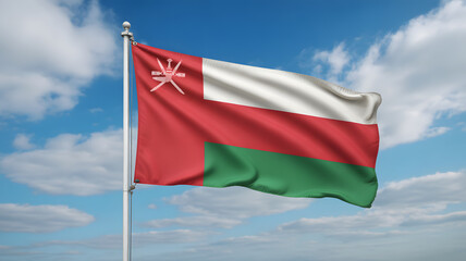 Oman flag waving proudly against a backdrop of a bright blue sky with fluffy white clouds, national pride