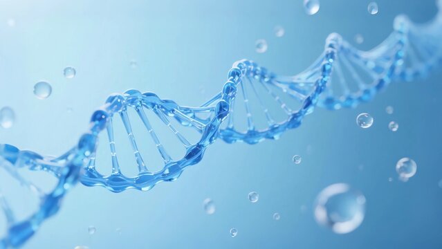 A 3D-rendered double helix DNA structure with an infinitely extending shape, presenting a blue, crystal-clear texture, like flowing liquid glass. Sur by scattered transparent water droplets.