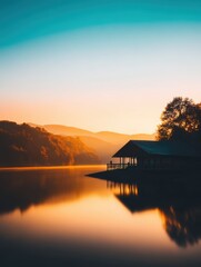 Serene lakeside sunrise with a silhouette of a cabin and misty mountains in the background