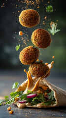 Golden crispy falafel balls flying in levitation, open pita bread filled with fresh salad and drizzled with creamy tahini sauce. Traditional Middle Eastern Israeli street food.