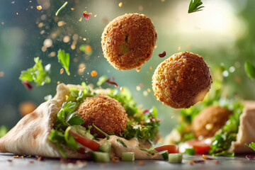 Golden crispy falafel balls flying in levitation, open pita bread filled with fresh salad and drizzled with creamy tahini sauce. Traditional Middle Eastern Israeli street food.