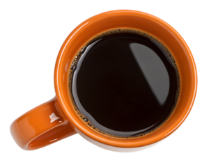 Hot coffee in an orange cup, png