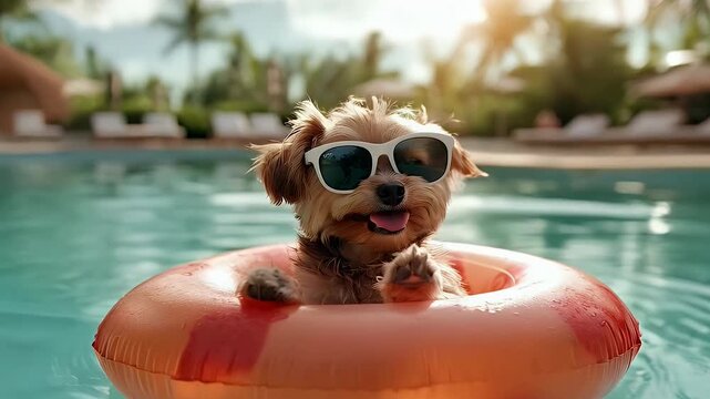 cute yorkshire terrier dog in sunglasses relaxing in a resort pool
