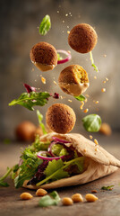 Golden crispy falafel balls flying in levitation, open pita bread filled with fresh salad and drizzled with creamy tahini sauce. Traditional Middle Eastern Israeli street food.