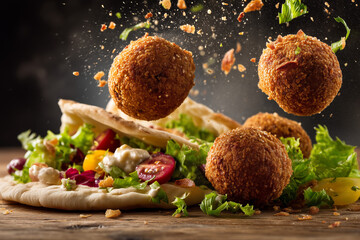 Golden crispy falafel balls flying in levitation, open pita bread filled with fresh salad and drizzled with creamy tahini sauce. Traditional Middle Eastern Israeli street food.