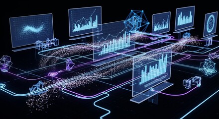 Data Visualization with Glowing Network, Charts, and Geometric Shapes for Business Intelligence and Future Technology on Black on transparent background