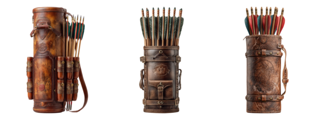 Vintage Leather Quivers Holding Colorful Arrows in Stylish Display