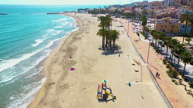 Aerial view of the colored houses in Villajoyosa town beach in the Mediterranean Sea, Alicante, Spain.