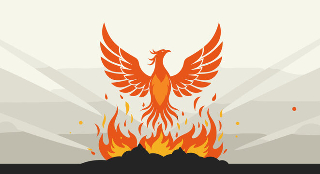 Phoenix rising from ashes mythical illustration vibrant fire digital art abstract concept. Vector illustration