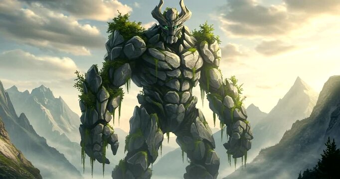 Giant stone golem stands in a mountainous landscape
