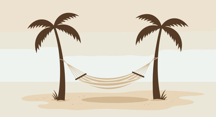 Fototapeta premium Relaxing hammock between palm trees tropical beach digital illustration calm environment aerial view serenity concept. Vector illustration