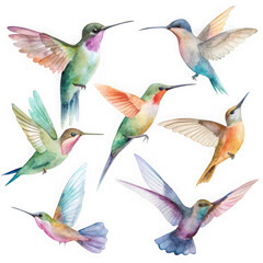 Fototapeta premium Collection of watercolor hummingbirds in flight isolated on transparent background