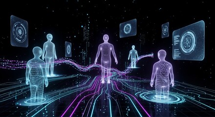 Digital avatars with data streams, representing virtual presence and connectivity in a metaverse environment, showcasing futuristic technology and communication on transparent background