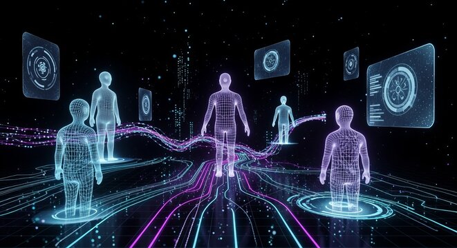 Digital avatars with data streams, representing virtual presence and connectivity in a metaverse environment, showcasing futuristic technology and communication on transparent background