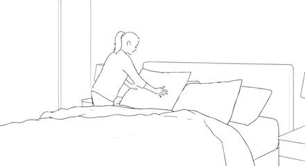 Woman making bed, line art illustration, black and white vector.