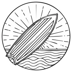 Retro surfboard design with sunburst and ocean waves in a circular graphic