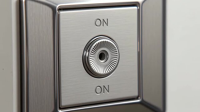 Close-up of a sleek, modern chrome button with "ON" labels on a metallic surface