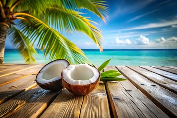 A halved coconut rests on a rustic wooden table on a tropical beach, with turquoise ocean and palm trees in the background under a bright blue sky